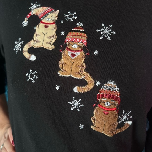 Embroidered Christmas Cats Large Black Long Sleeve Shirt - Picture 2 of 13